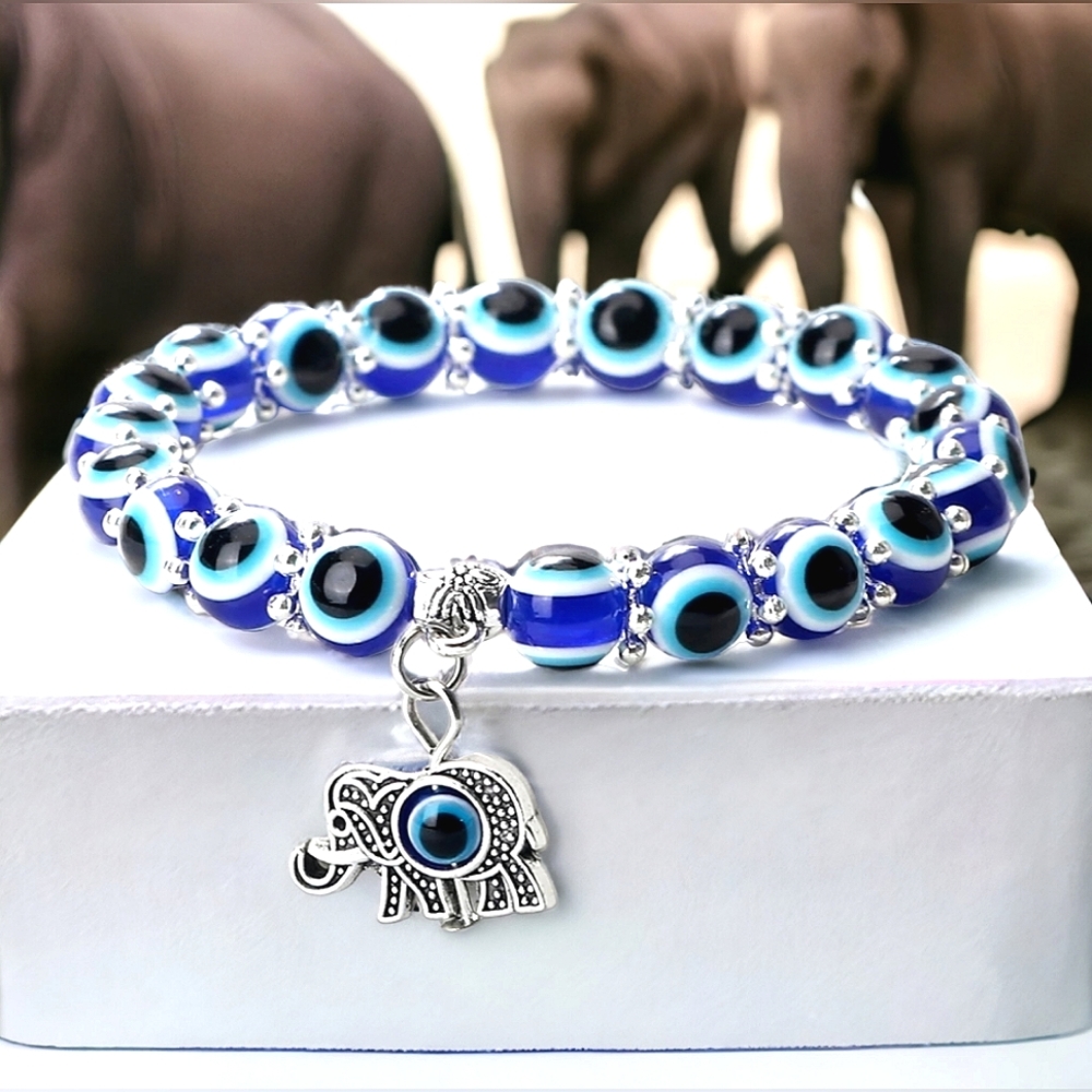 Silver all seeing eye elastic Elephant charm bracelet